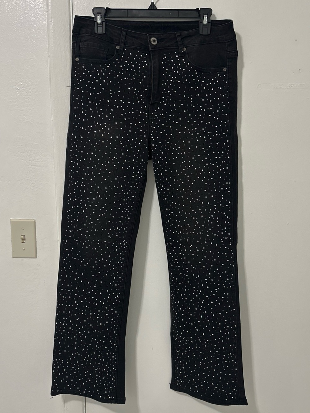 VIP Black Rhinestone Embellished Straight-Leg Pants